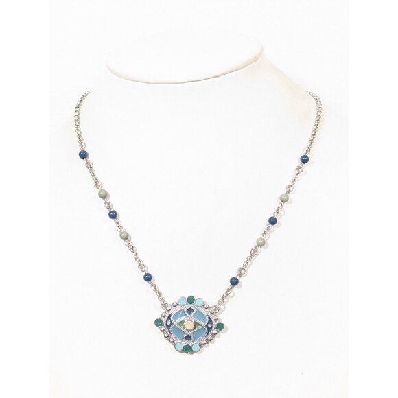 Lia Sophia Stained Glass Green Enamel Silver Tone Necklace Boho Tribal 22 in - Picture 2 of 9